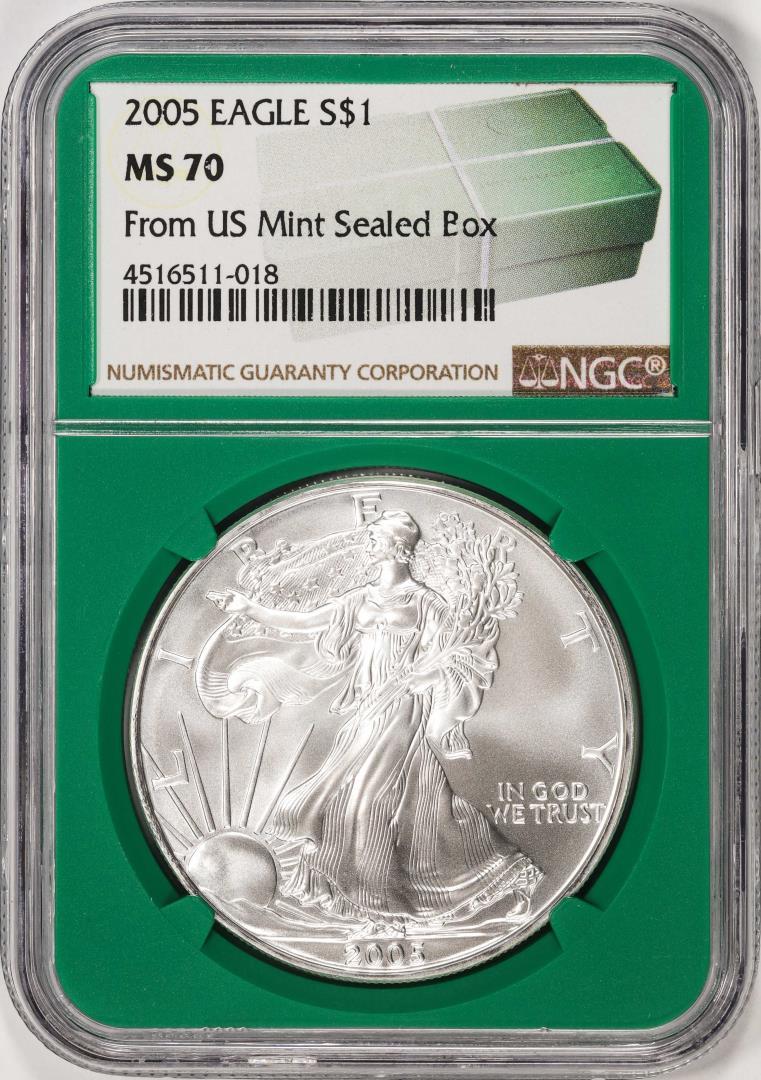 2005 $1 American Silver Eagle Coin NGC MS70 From US Mint Sealed Box Green Core