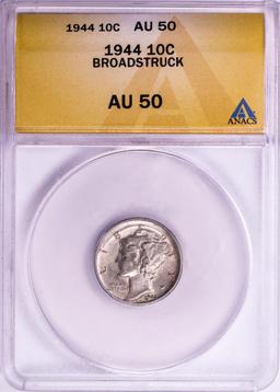 1944 Mercury Dime Coin Broadstruck Error ANACS AU50