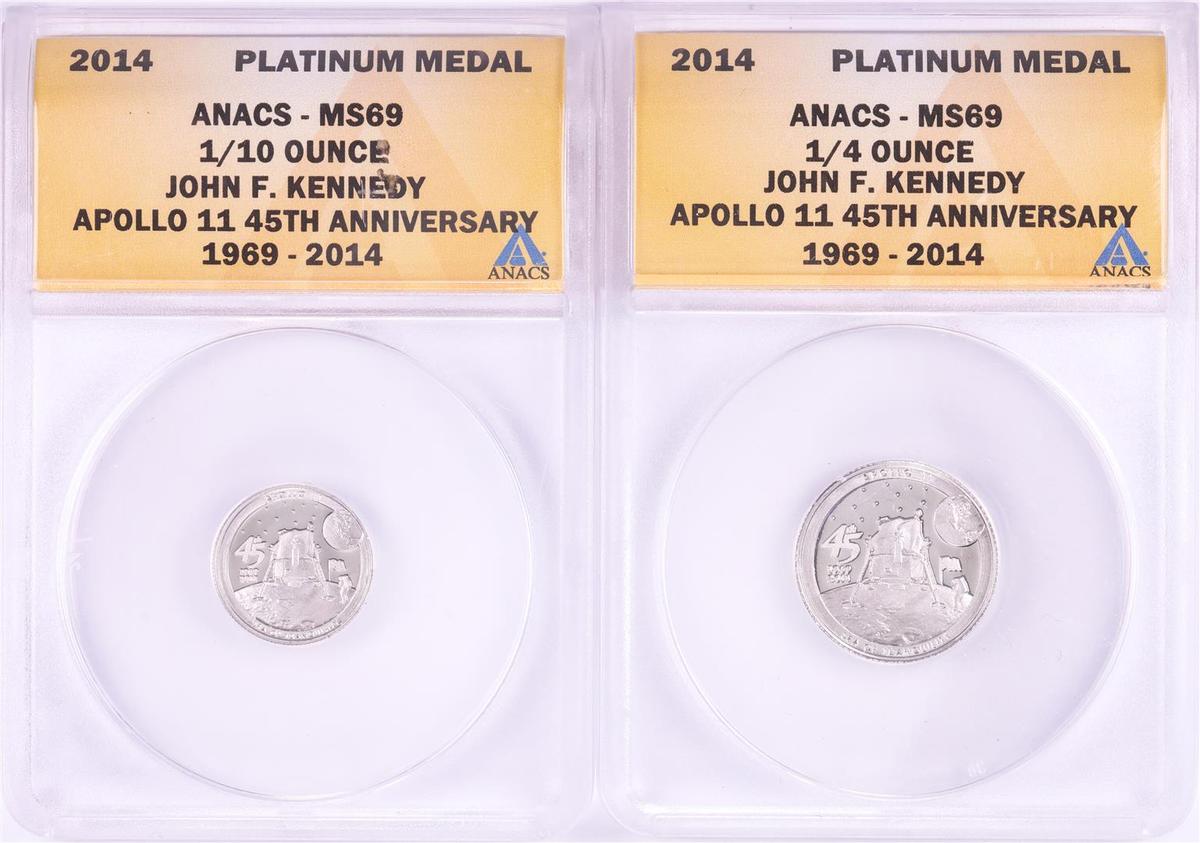 Set of 2014 Proof 1/10 & 1/4 oz Platinum JFK Apollo 11 Anniversary Medals ANACS MS69