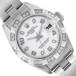 Rolex Ladies Stainless Steel White Arabic Diamond Date Wristwatch With Rolex Box