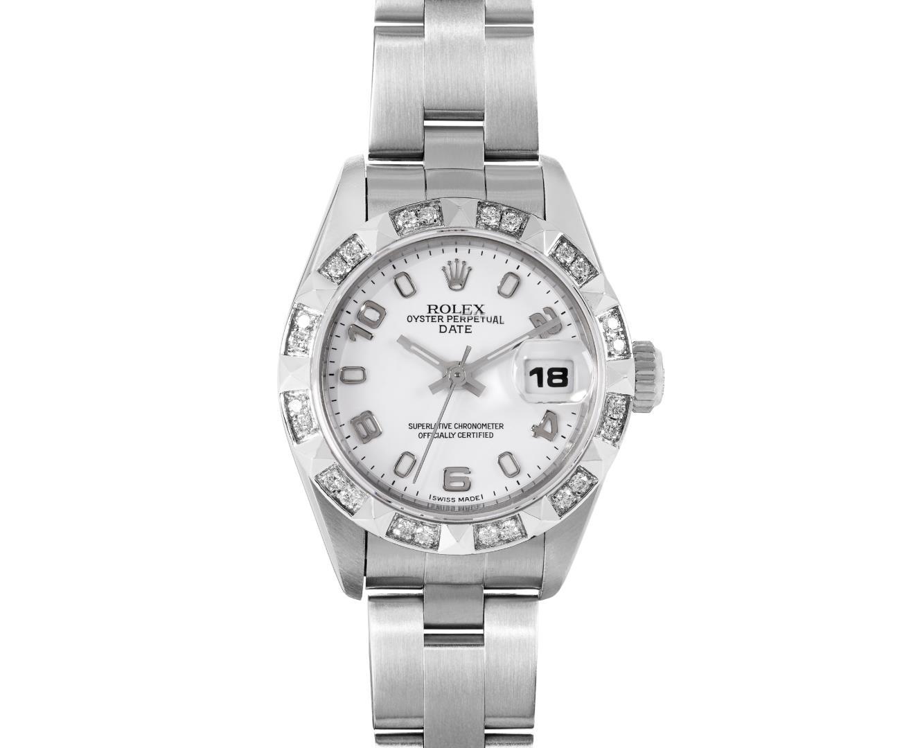 Rolex Ladies Stainless Steel White Arabic Diamond Date Wristwatch With Rolex Box