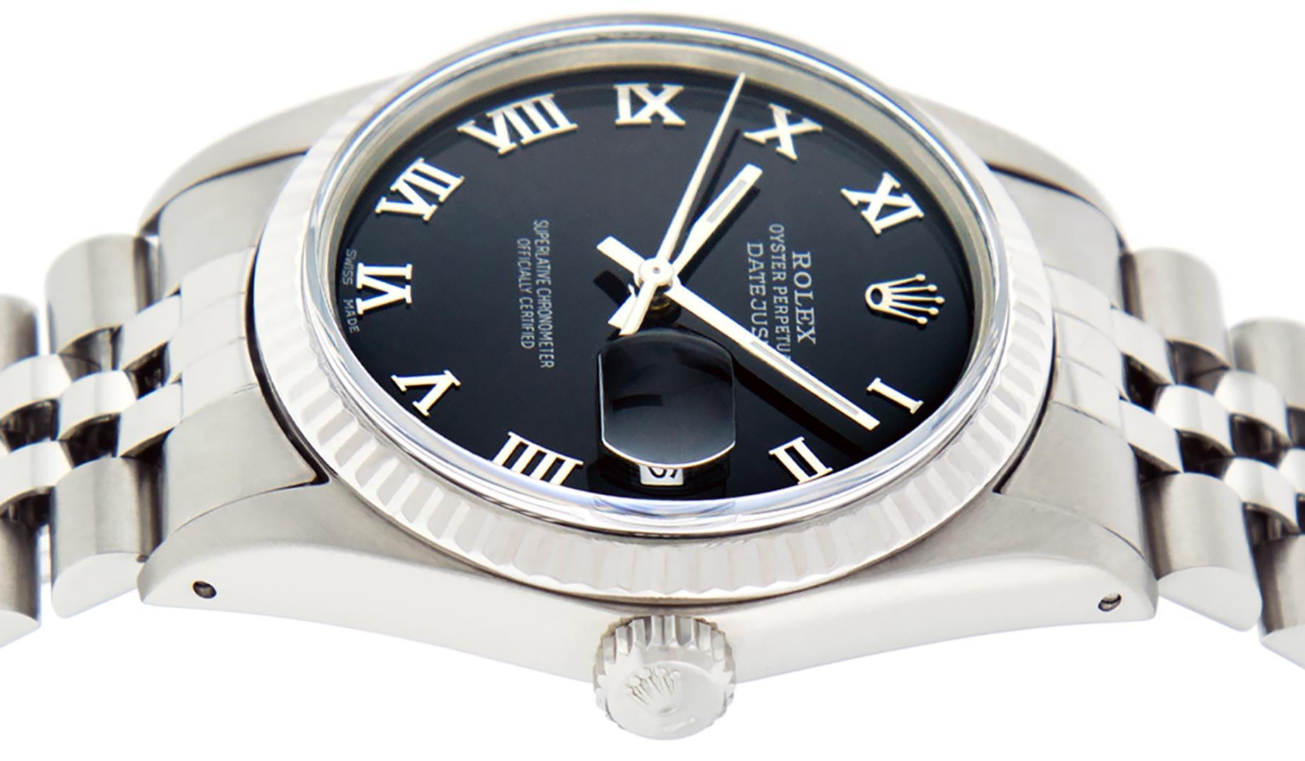 Rolex Mens Stainless Steel Black Roman Datejust Wristwatch