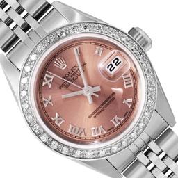 Rolex Ladies Stainless Steel Salmon Roman Diamond Datejust Wristwatch