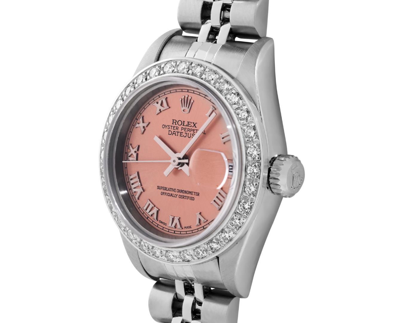 Rolex Ladies Stainless Steel Salmon Roman Diamond Datejust Wristwatch