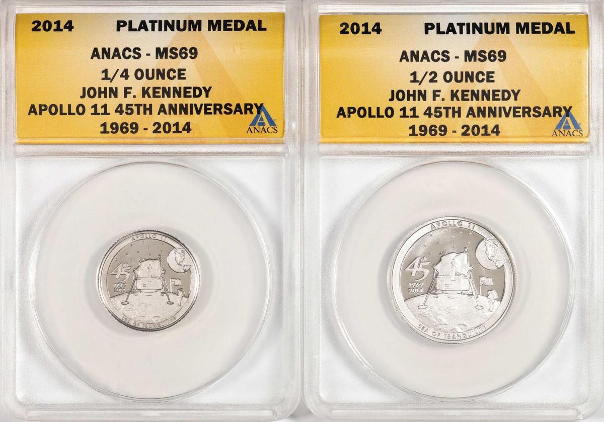 Set of 2014 Proof 1/4 oz & 1/2 oz Platinum JFK Apollo 11 Anniversary Medal ANACS MS69