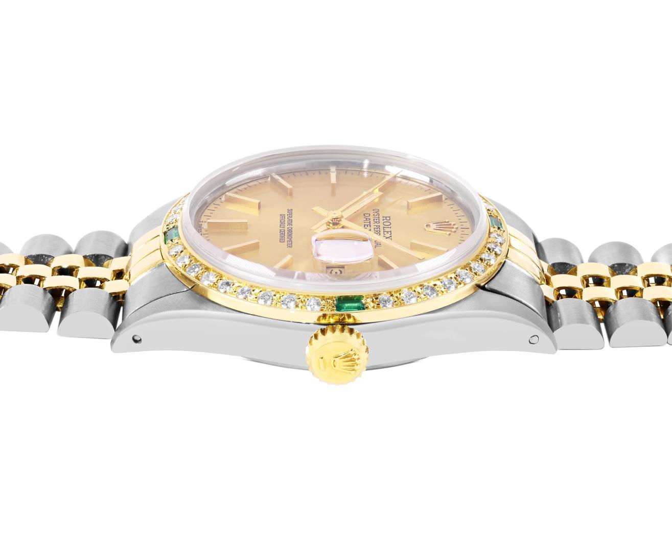 Rolex Mens Two Tone Emerald and Diamond Datejust Wristwatch With Rolex Box