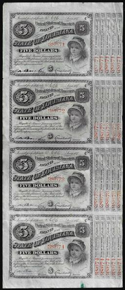 Uncut Sheet of (4) State of Louisiana Baby Bond Obsolete Notes