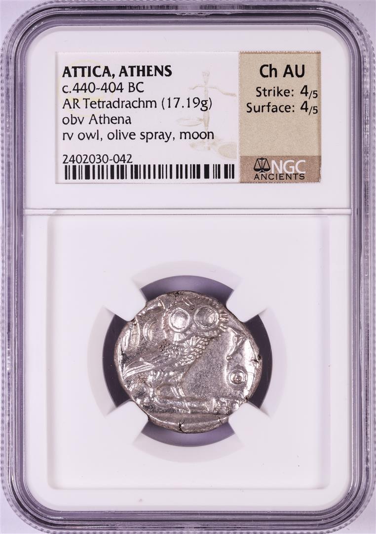440-404 BC Attica Athens AR Tetradrachm Athena Owl Coin NGC Choice AU