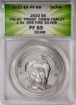 2022 $5 Palau Proof Chris Farley Silver Coin ANACS PF69DCAM