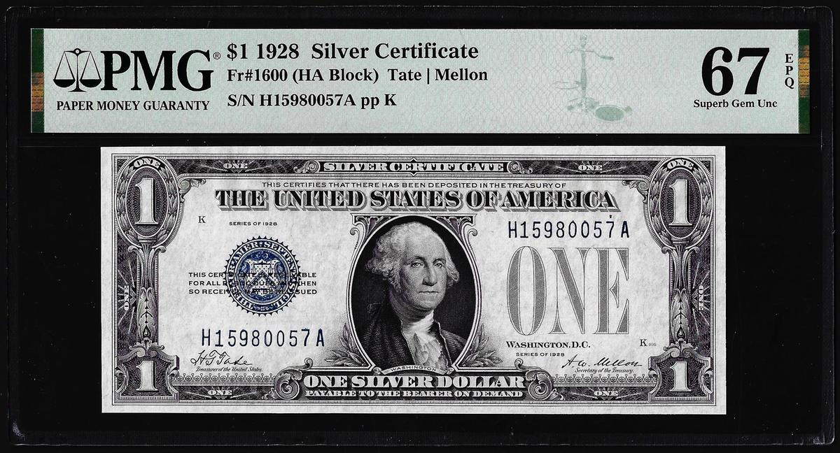 1928 $1 Funnyback Silver Certificate Note Fr.1600 PMG Superb Gem Uncirculated 67EPQ