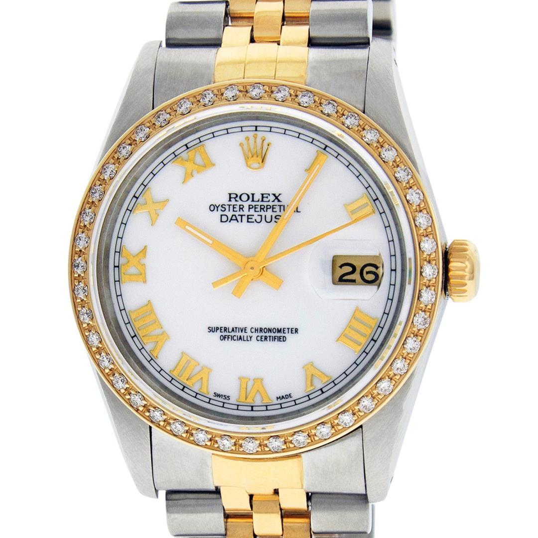 Rolex Mens Two Tone White Roman Diamond Datejust Wristwatch