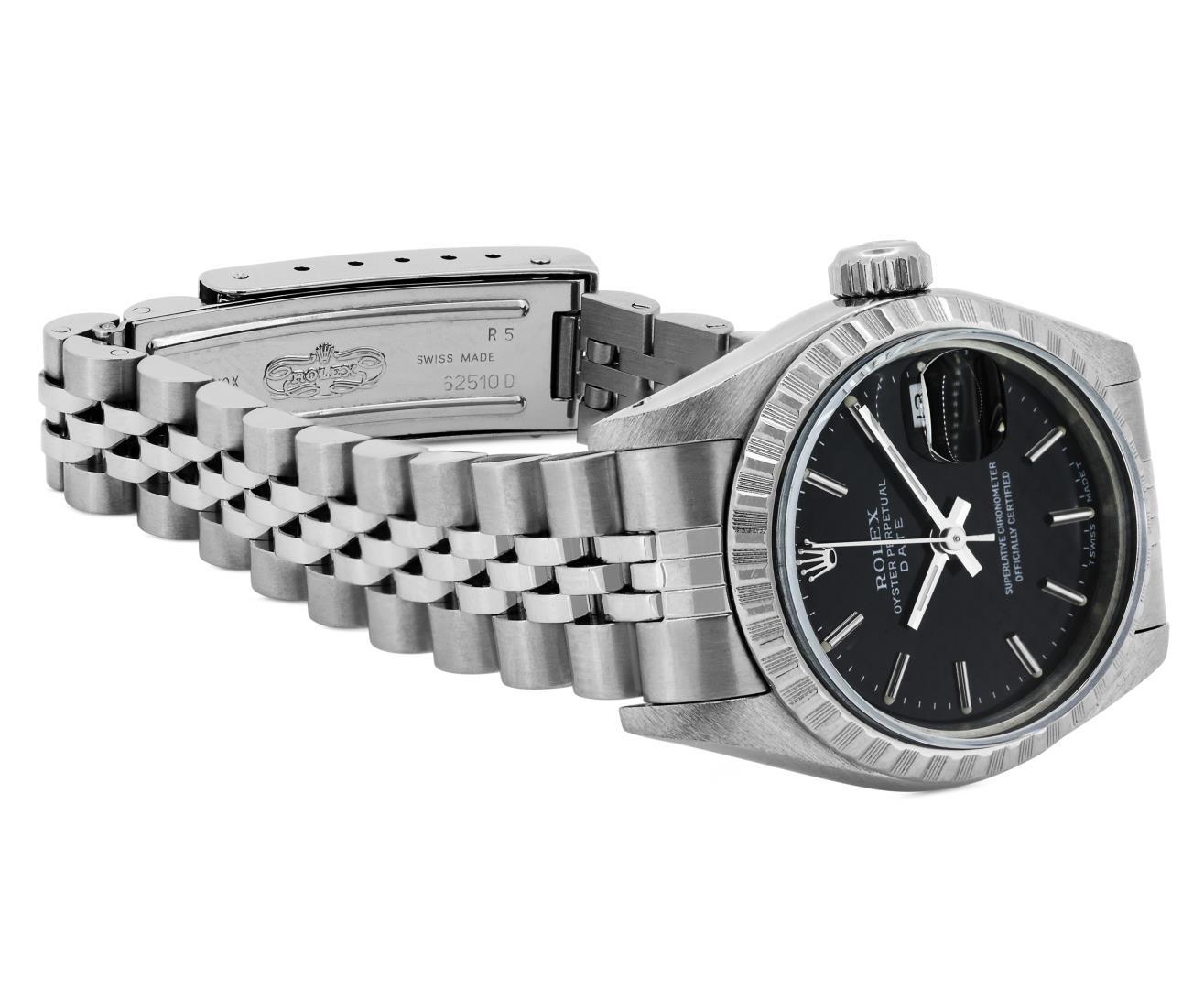 Rolex Ladies Stainless Steel Black Index Date Wristwatch With Rolex Box