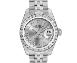 Rolex Ladies Stainless Steel Silver Roman Diamond Date Wristwatch With Rolex Box