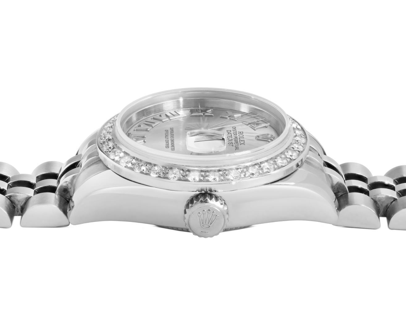 Rolex Ladies Stainless Steel Silver Roman Diamond Date Wristwatch With Rolex Box