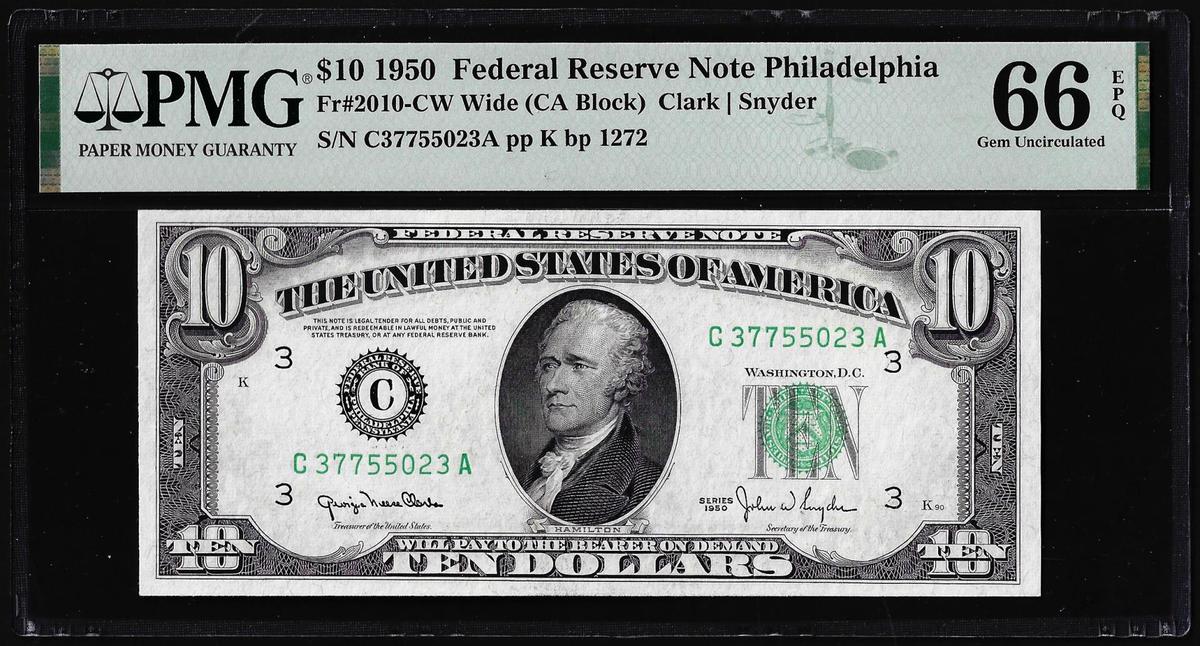 1950 $10 Federal Reserve Note Philadelphia Fr.2010-CW Wide PMG Gem Uncirculated 66EPQ