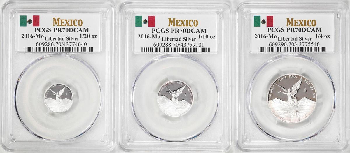 Lot of 2016-Mo Mexico Proof 1/20, 1/10 and 1/4 oz Silver Libertad Coins PCGS PR69DCAM