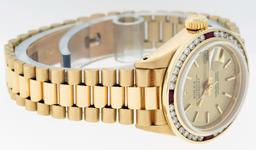 Rolex Ladies 18K Yellow Gold Ruby And Diamond President Wristwatch
