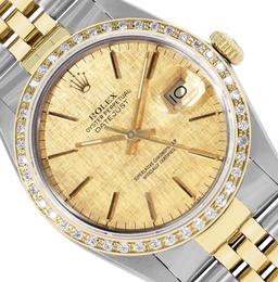 Rolex Mens Two Tone Champagne Linen Diamond Datejust Wristwatch