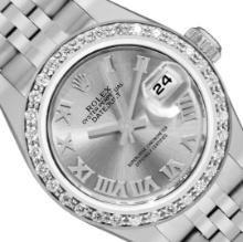 Rolex Ladies Stainless Steel Silver Roman Diamond Date Wristwatch With Rolex Box