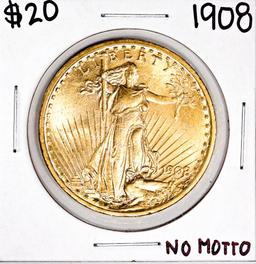 1908 No Motto $20 St. Gaudens Double Eagle Gold Coin