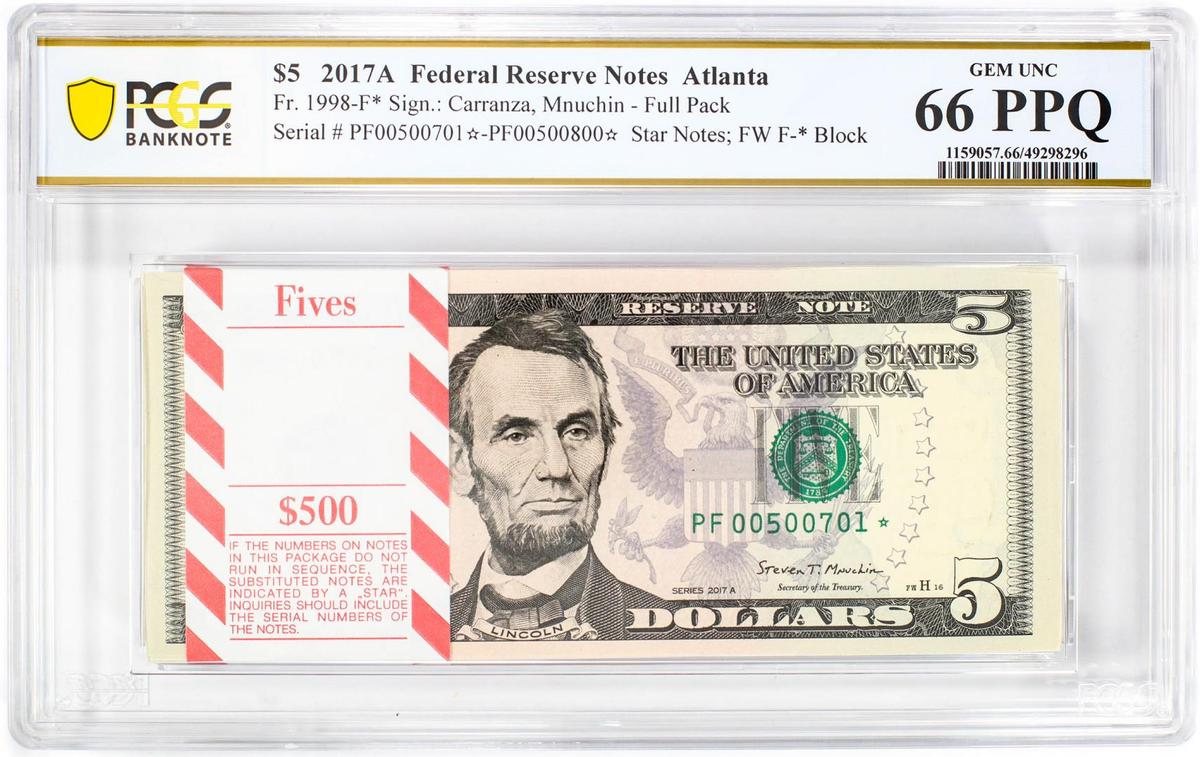 Pack of 2017A $5 Federal Reserve STAR Notes Atlanta Fr.1998-F* PCGS Gem UNC 66PPQ