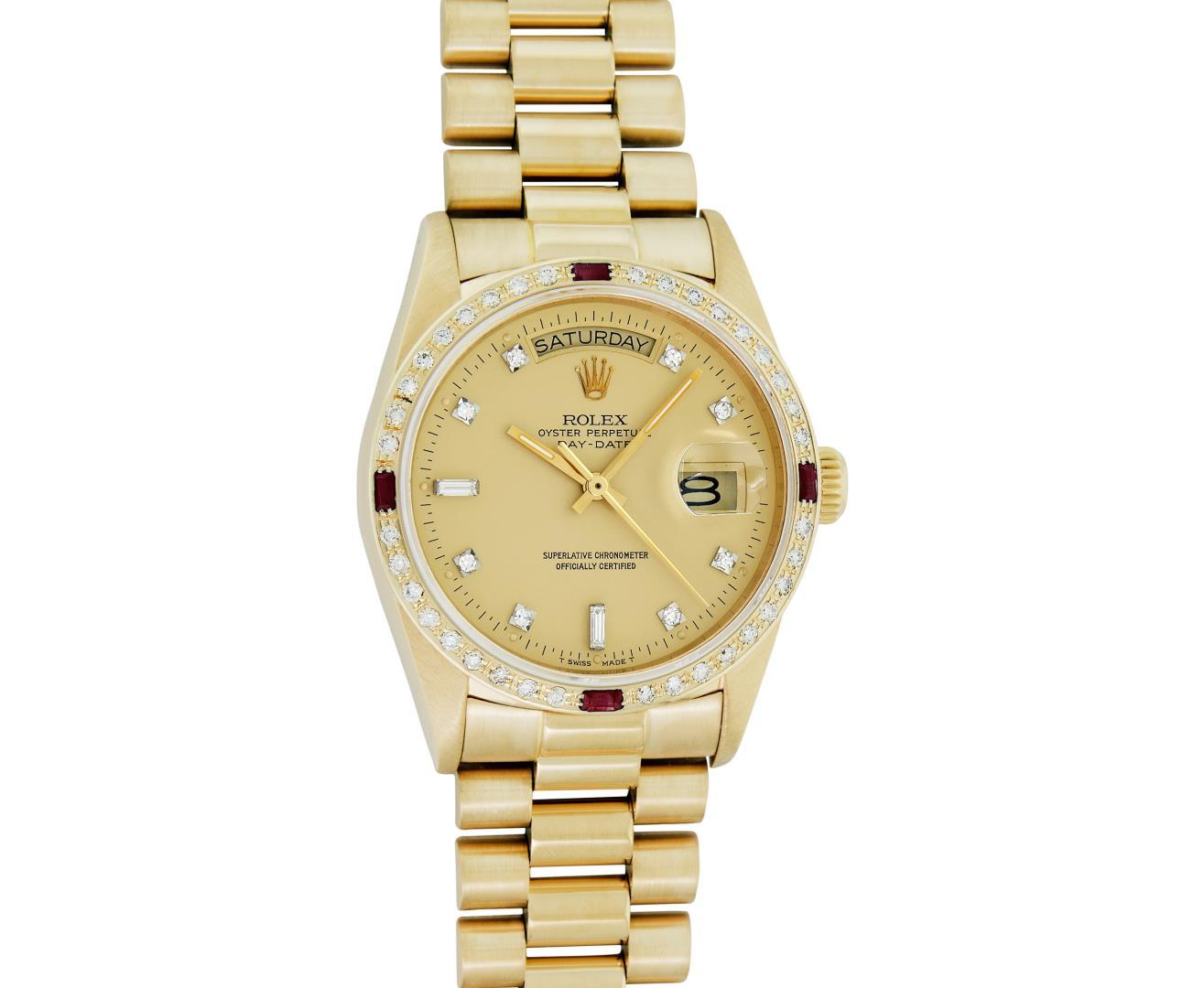 Rolex Men's 18K Yellow Gold Champagne Ruby & Diamond Day Date President Wristwatch