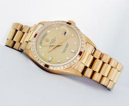 Rolex Men's 18K Yellow Gold Champagne Ruby & Diamond Day Date President Wristwatch