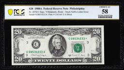 1988A $20 Federal Reserve Note Stuck Suffix Letter Error PCGS Choice About Unc. 58