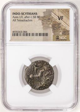 Indio-Sythians c.58 BC Azes I/II AR Tetradrachm Ancient Coin NGC VF
