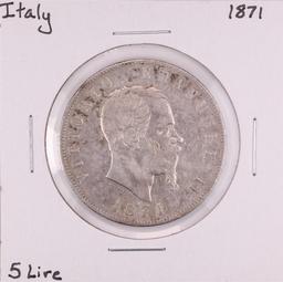 1871 Italy 5 Lire Silver Coin