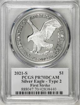 2021-S Type 2 $1 American Silver Eagle Coin PCGS PR70DCAM Emily Damstra Signature FS