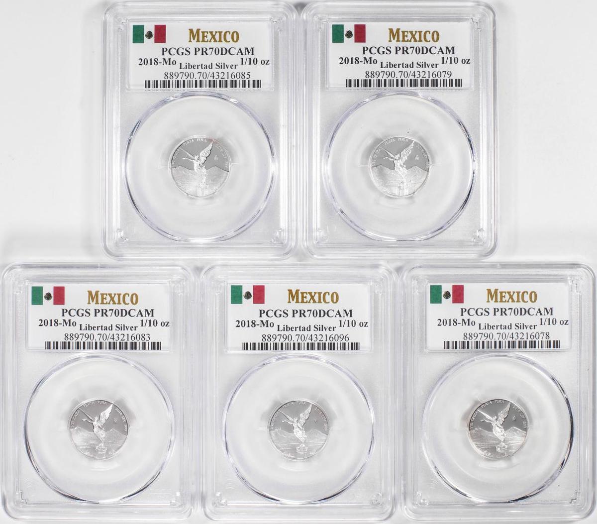 Lot of (5) 2018-Mo Mexico Proof 1/10 oz Silver Libertad Coins PCGS PR70DCAM