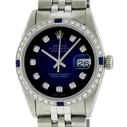 Rolex Mens Stainless Steel Blue Vignette Sapphire and Diamond Datejust Wristwatch