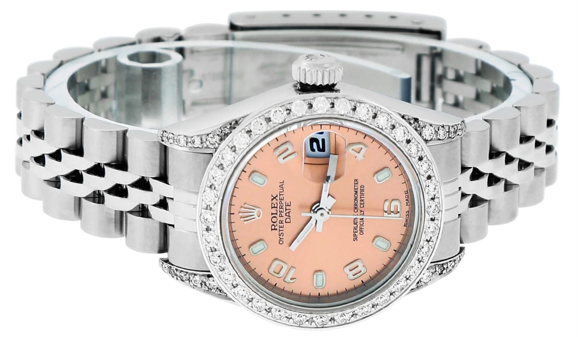 Rolex Ladies Stainless Steel Salmon Diamond Date Wristwatch