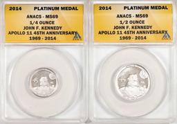 Set of 2014 Proof 1/4 oz & 1/2 oz Platinum JFK Apollo 11 Anniversary Medal ANACS MS69