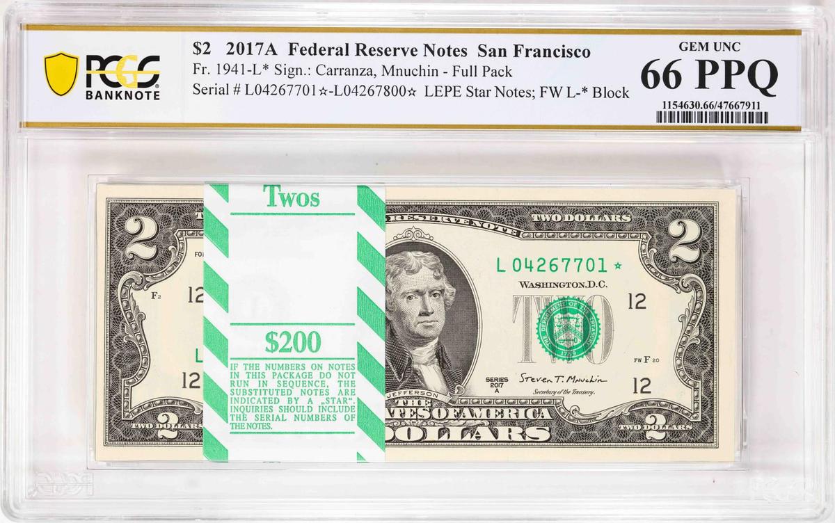 Pack 2017A $2 Federal Reserve STAR Notes SF Fr.1941-L* PCGS Gem Uncirculated 66PPQ