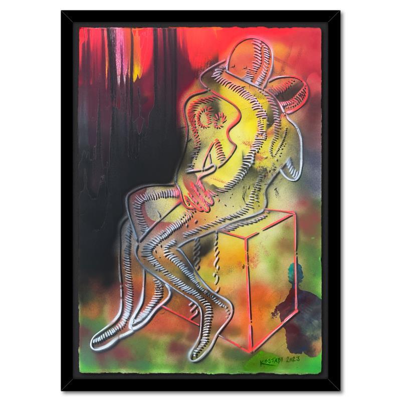 Mark Kostabi "Blazing Embrace" Original Mixed Media on Paper