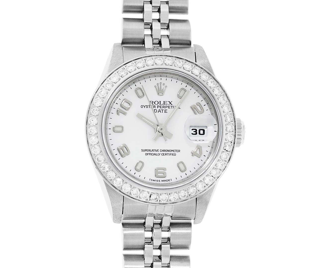 Rolex Ladies Stainless Steel White Arabic Diamond Datejust Wristwatch