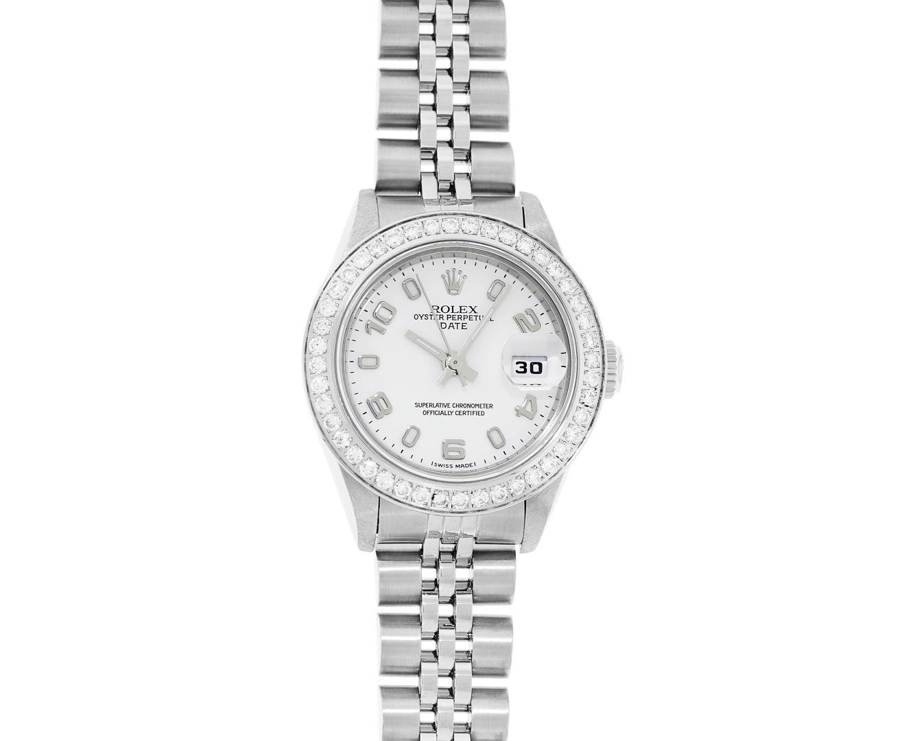 Rolex Ladies Stainless Steel White Arabic Diamond Datejust Wristwatch