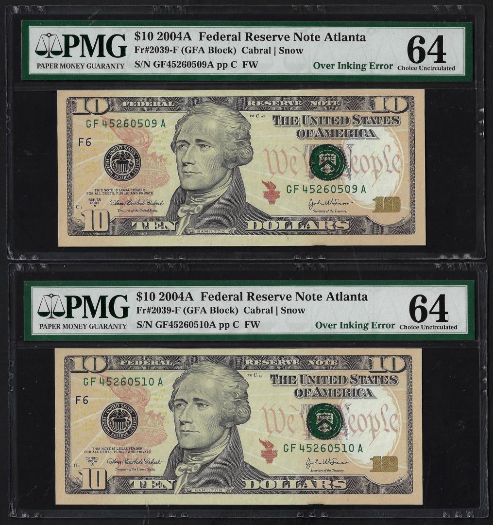 (2) Consec. 2004A $10 Federal Reserve Over Inking Error Notes PMG Ch. Uncirculated 64