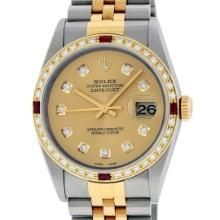 Rolex Mens Two Tone Champagne Ruby and Diamond Datejust Wristwatch