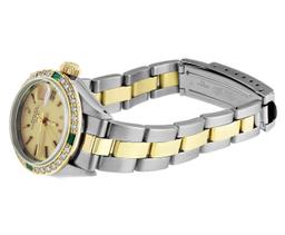 Rolex Ladies Two Tone Emerald and Diamond Date Wristwatch With Rolex Box