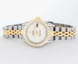 Rolex Ladies Two Tone Silver Index Dial Diamond Datejust Wristwatch