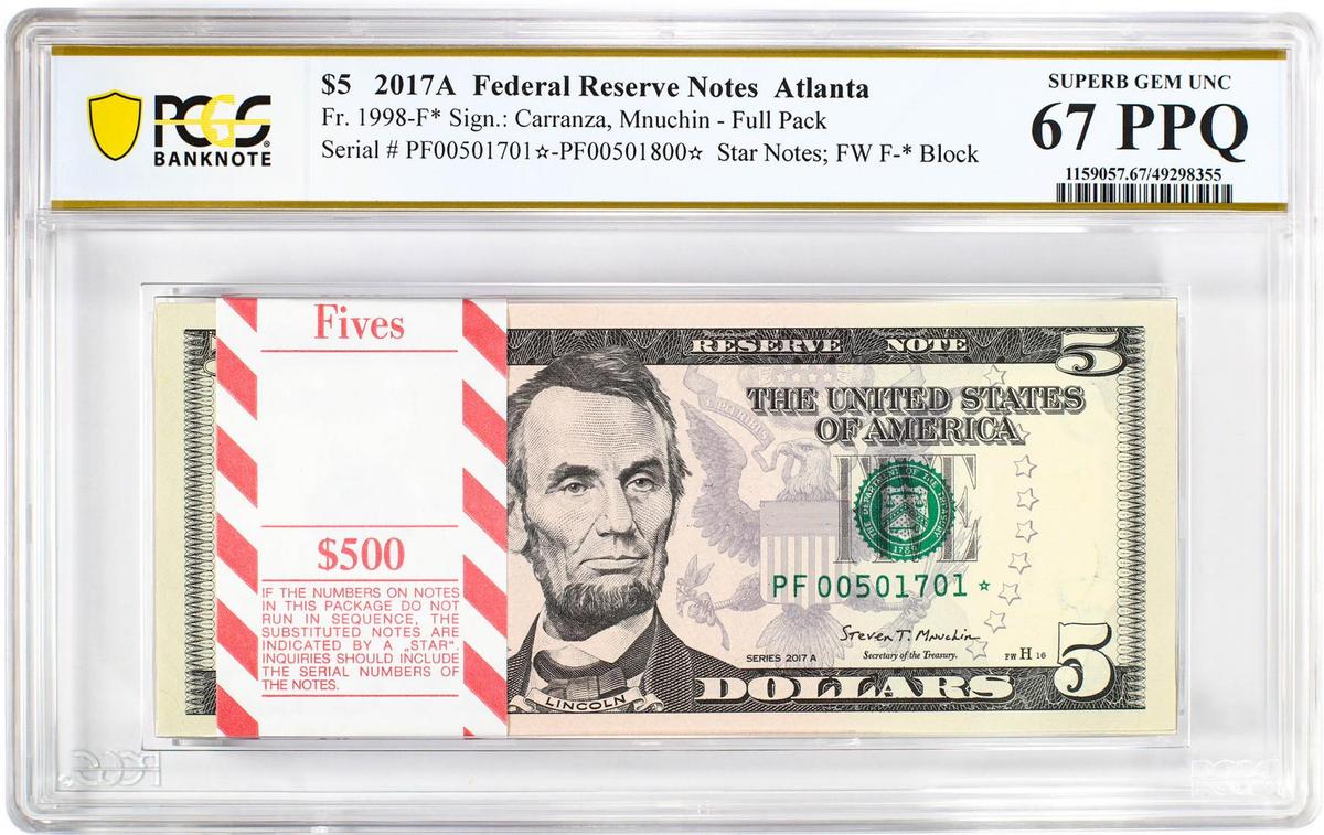 Pack 2017A $5 Federal Reserve STAR Notes Atlanta Fr.1998-F* PCGS Superb Gem UNC 67PPQ