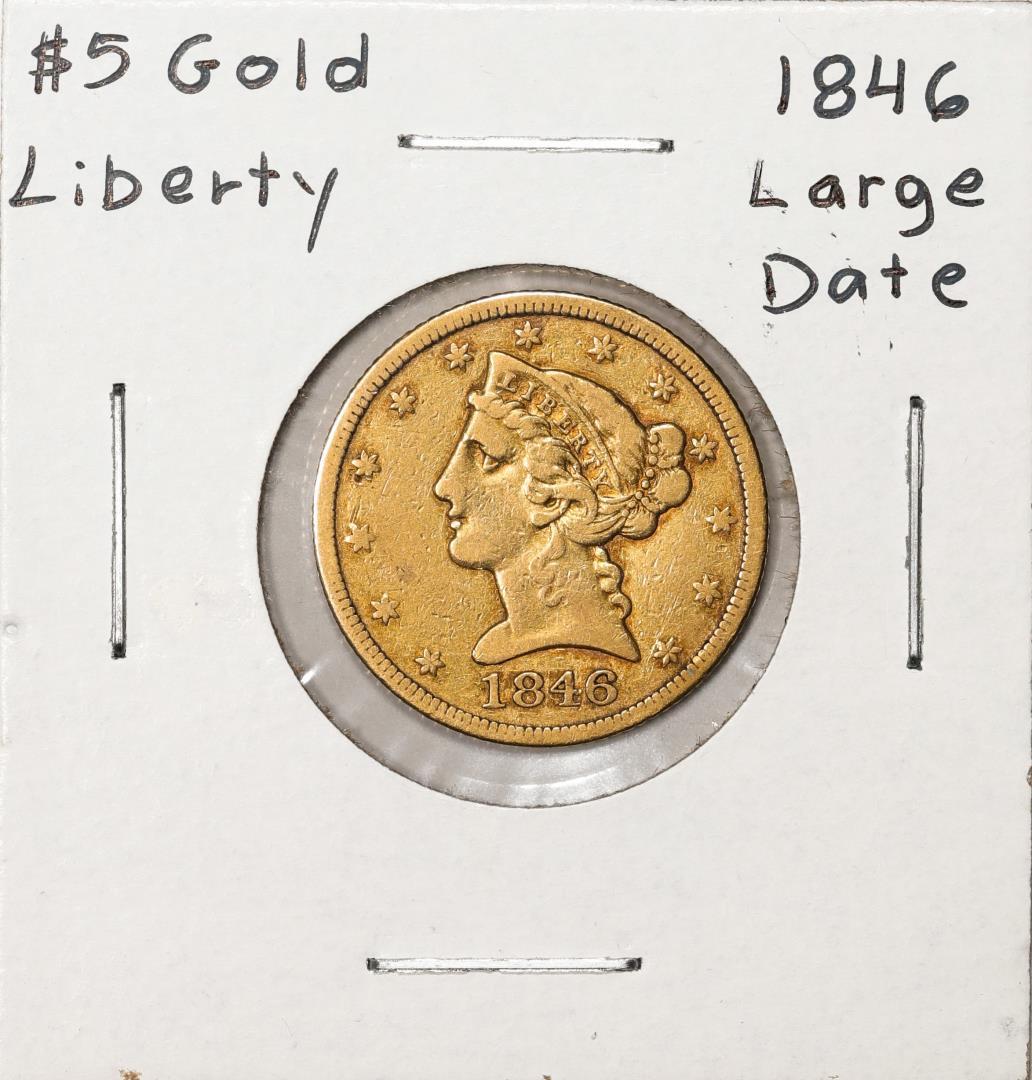 1846 Large Date $5 Liberty Head Half Eagle Gold Coin
