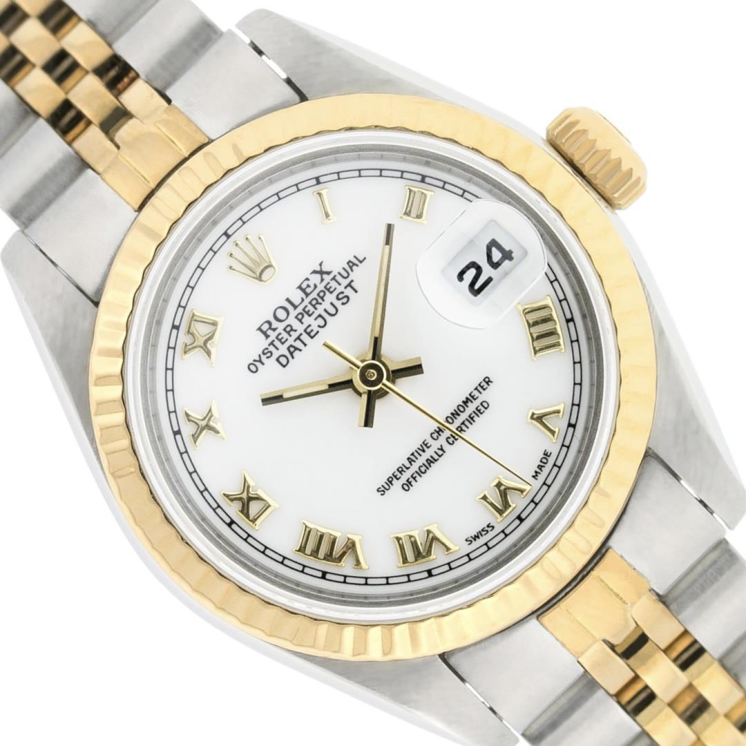 Rolex Ladies Two Tone White Roman Oyster Perpetual Datejust Wristwatch