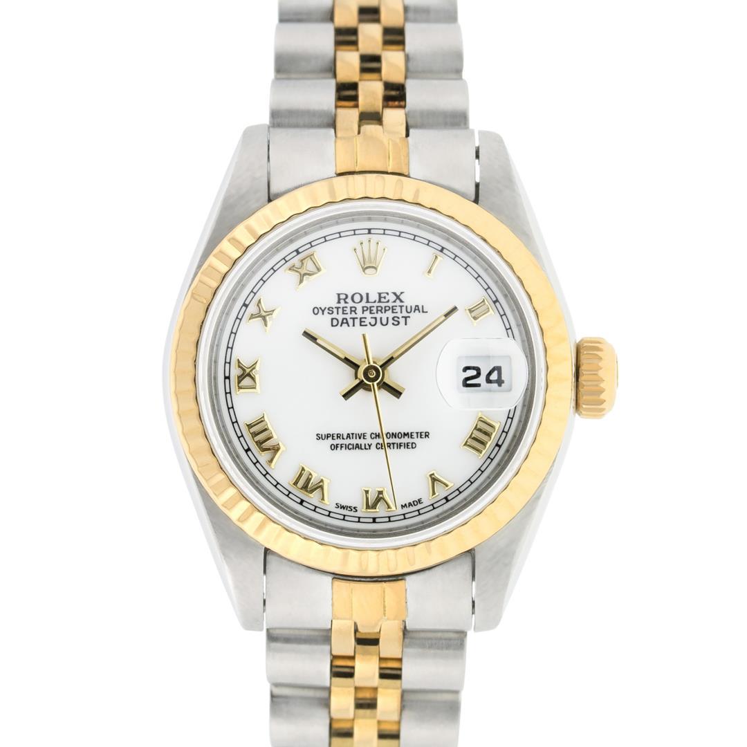 Rolex Ladies Two Tone White Roman Oyster Perpetual Datejust Wristwatch