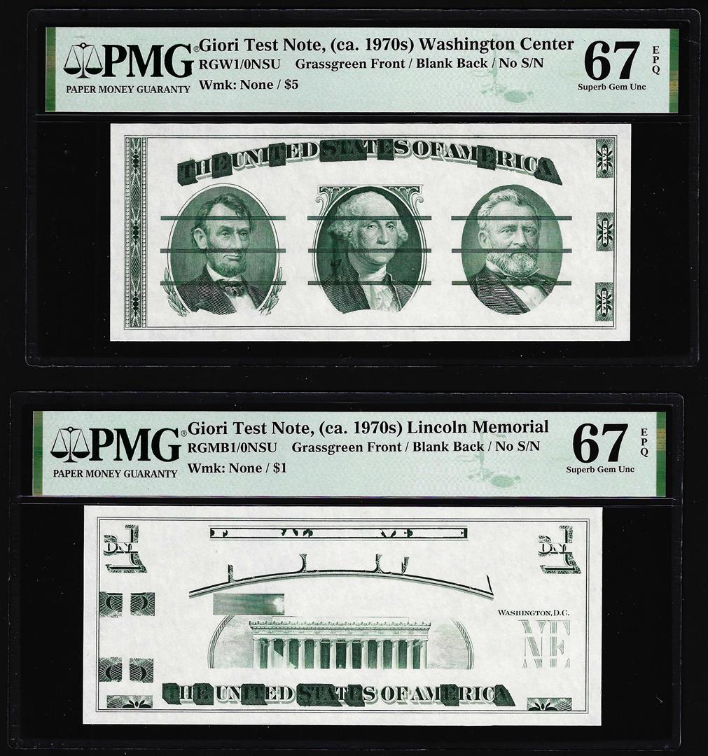 Set of Giori Test Note Washington & Lincoln Memorial PMG Superb Gem Unc 67EPQ