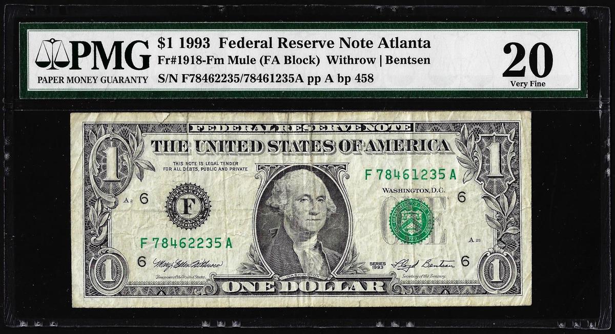 1993 $1 Federal Reserve Note Mismatched Serial Number Error Fr.1918-Fm PMG Very Fine 20