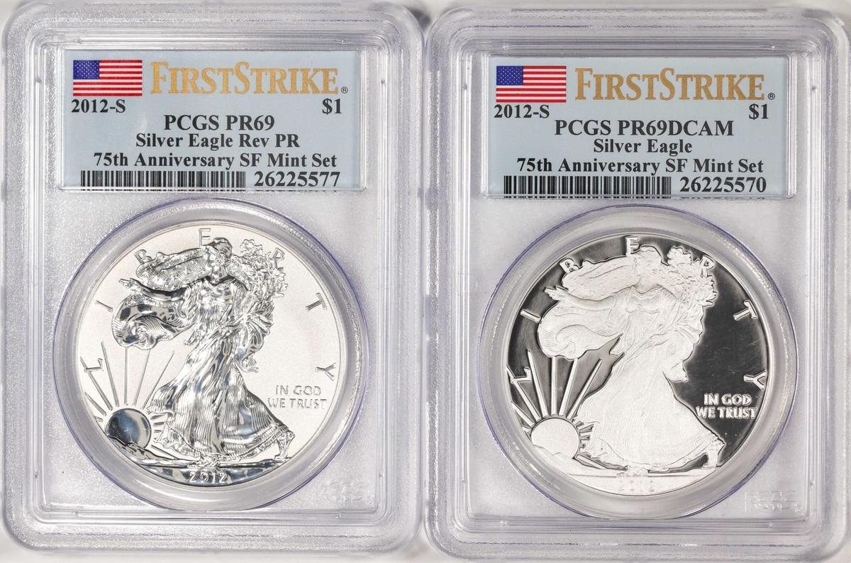 2012-S $1 Proof American Silver Eagle Coin Set PCGS Rev PR69/PR69DCAM First Strike